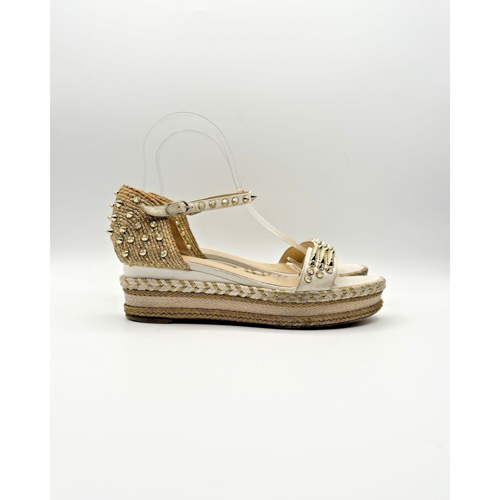 Christian Louboutin Madmonica 60 White Leather Gold Spike Wedge Espadrille EU 37